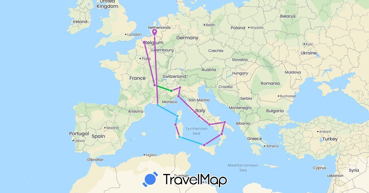 TravelMap itinerary: driving, bus, train, boat in Belgium, France, Italy (Europe)